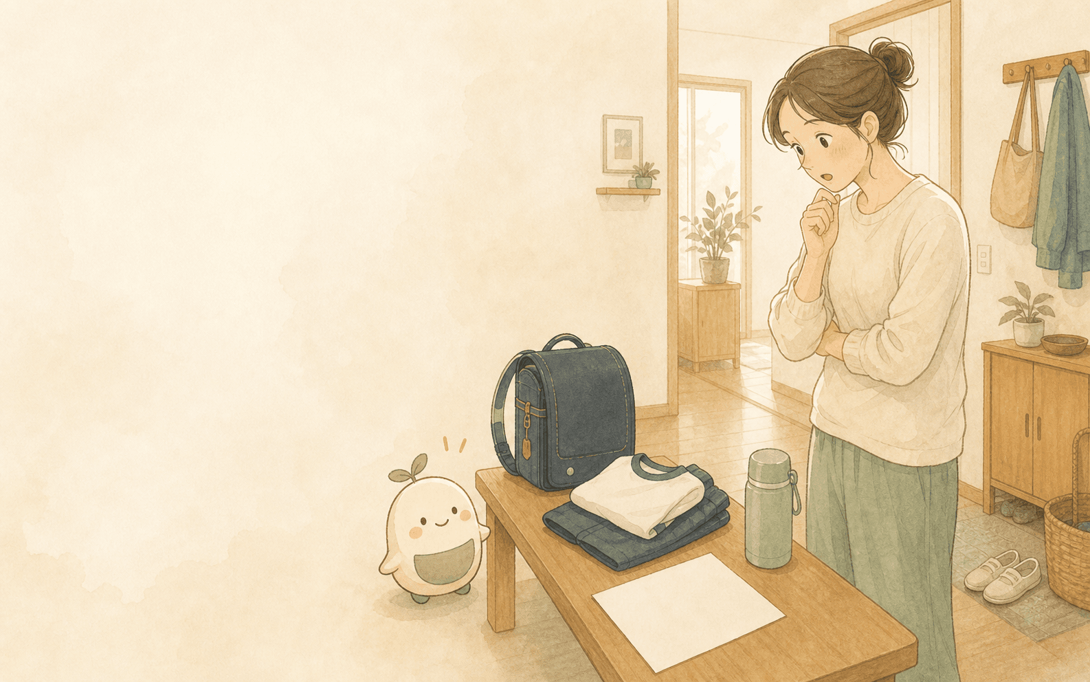 A soft hand-drawn illustration of a mother at the morning entryway noticing forgotten prep beside a backpack, gym clothes, and a water bottle