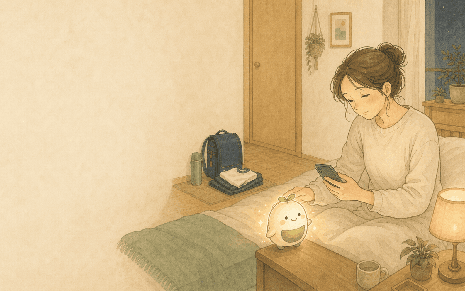 A soft hand-drawn illustration of a mother finishing tomorrow's prep at night and leaving a reminder with her phone and a small helper