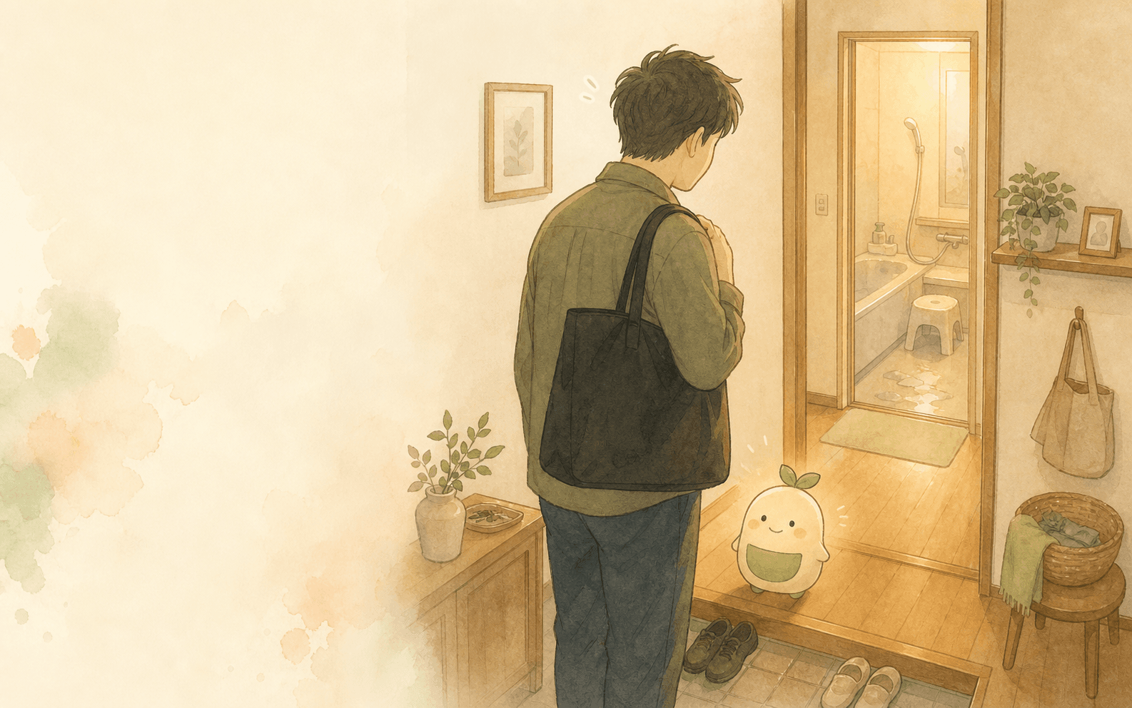 A soft hand-drawn illustration of a husband coming home, seeing the bathroom, and quietly realizing he forgot to clean it