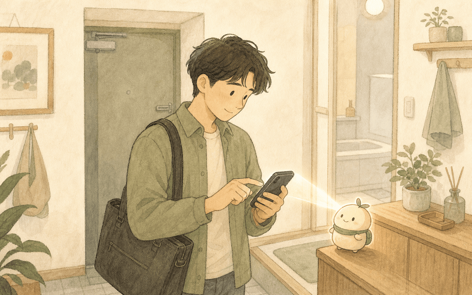 A soft hand-drawn illustration of a husband handing a request to his phone right after being asked, with a small helper receiving it