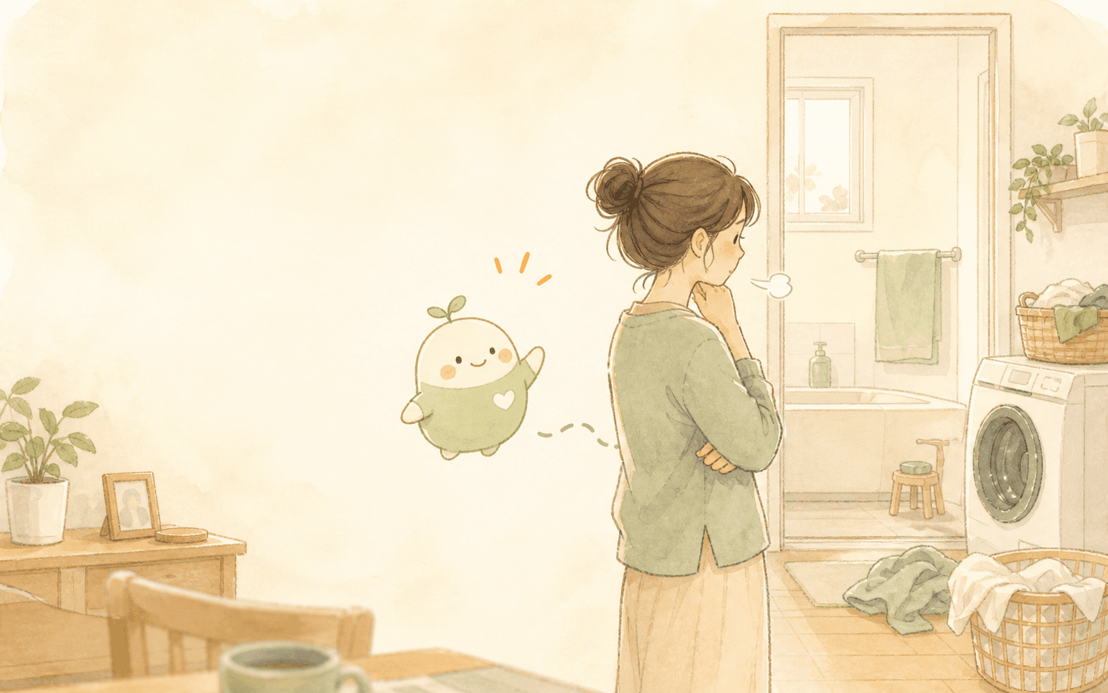 帰宅後にそのままの浴室と洗濯物を見て、もう一度声をかける前に立ち止まる妻のやわらかい手描きイラスト
